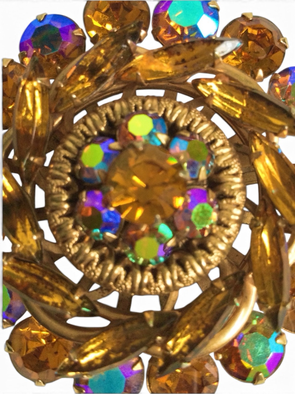 Vintage Amber & AB Crystal Rhinestone Layered Domed Cluster Brooch - Picture 11 of 13